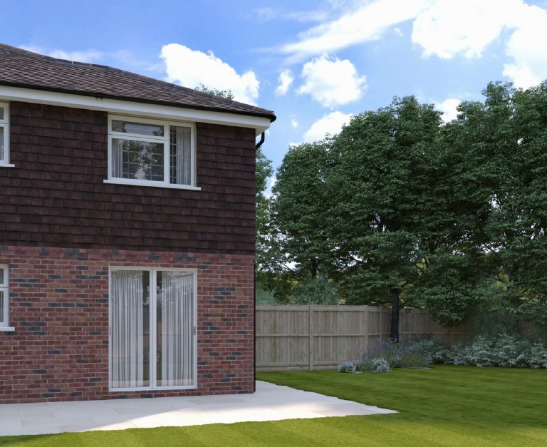 Computer generated image of a garden view of a semi-detached property development