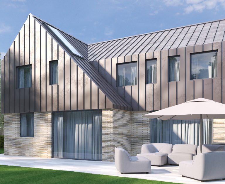 Computer generated image of a modern house with standing seam cladding viewed from the garden